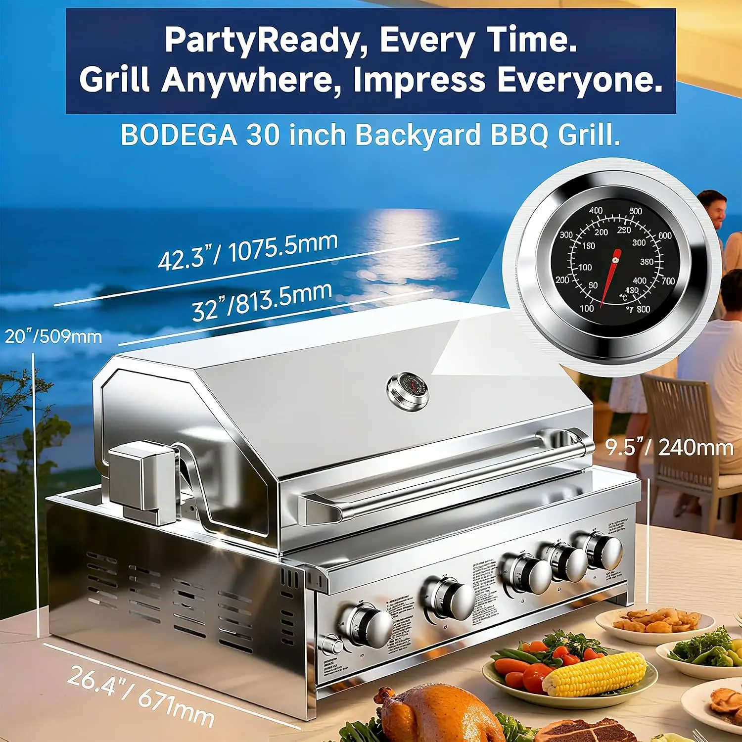 5 Burner Built In Gas Grill Island Head, Stainless Steel 30 Inch Propane Grill with Rear Burner, 58000 BTUs, 988.5, Customized