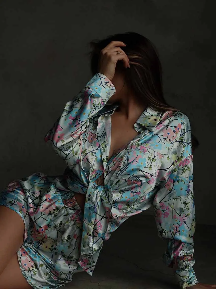 Marthaqiqi Printing Women Sleepwear Set Long Sleeve Nightgowns Sexy Turn-Down Collar Nightwear Shorts Casual Ladies Pajamas Suit