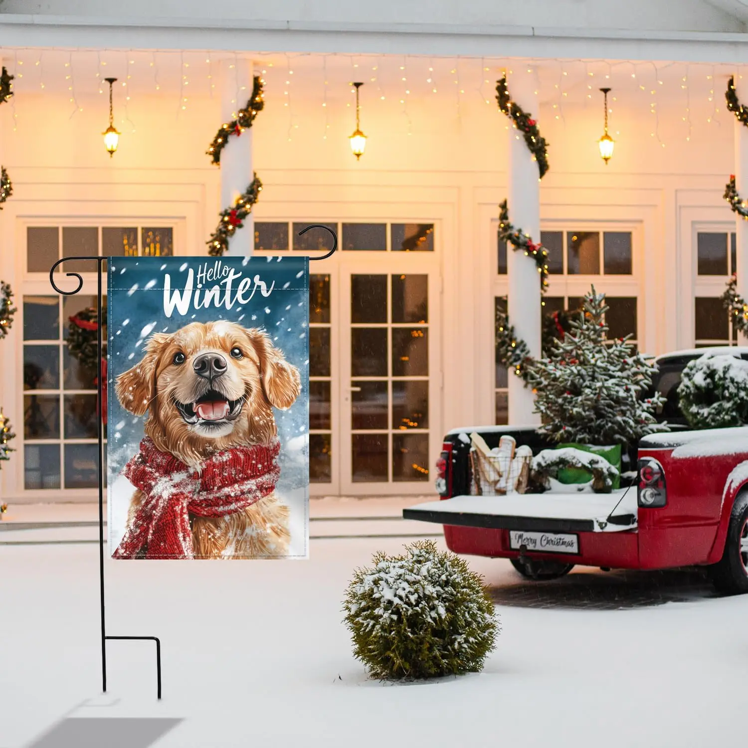 Winter Garden Flag Snowflakes Golden Retriever Red Scarf Seasonal 12x18 Inch Double Sided Welcome Flags for Winter Snowy Out yyi