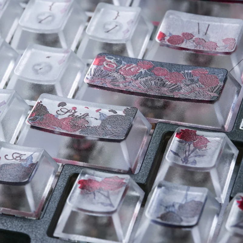 Red Flowers PC Translucent keycap,130 Keys Cherry Profile Shine Through Custom Keyboard Caps For MX Swithes Mechanical Keyboard view 4