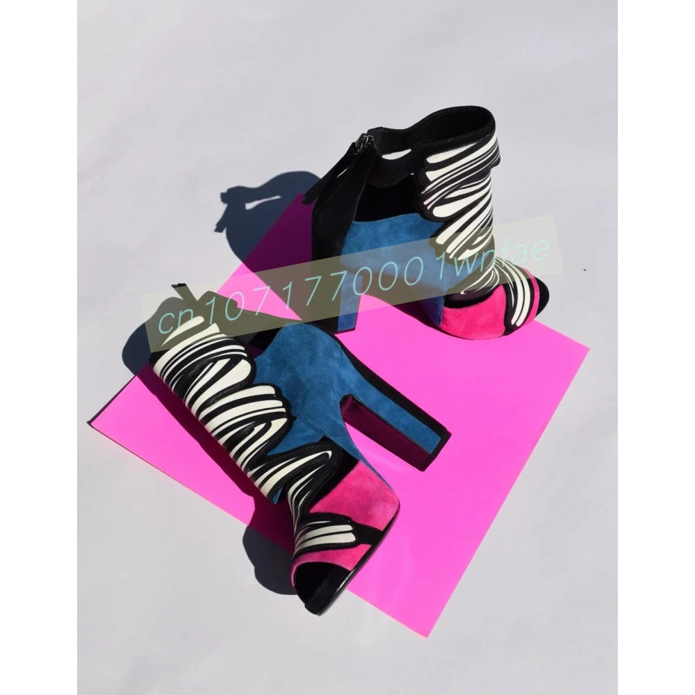 Women Multicolor Color Block Zebra Print Peep Toe Ankle Booties Spliced  Back Zip Block Heel Ladies Fashion High Heel Footwear
