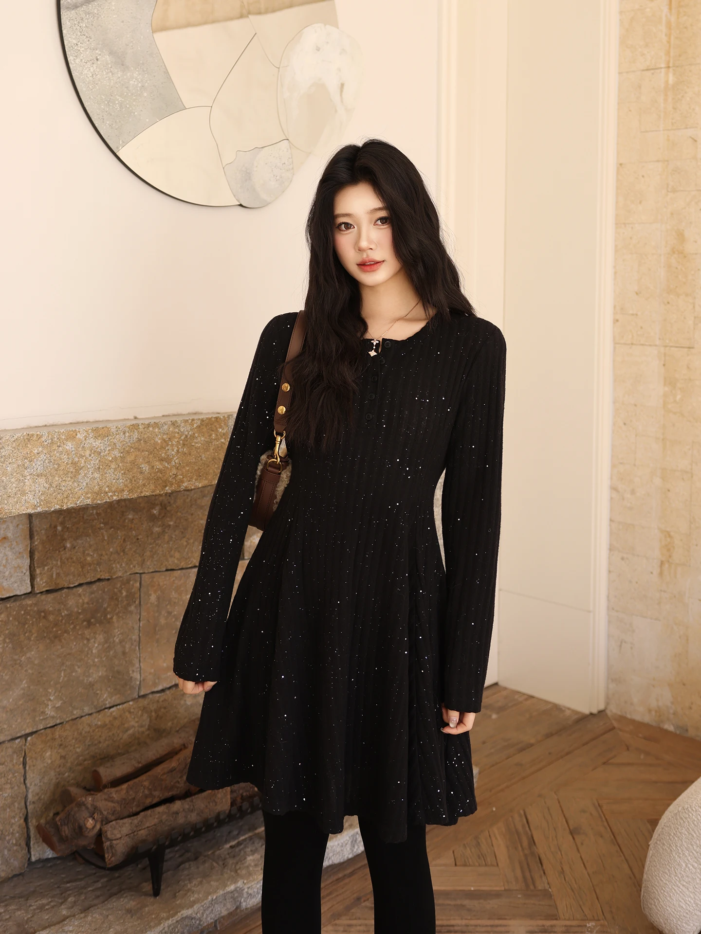 

Теплый модный повседневный женский платье-футляр MEHOMEYANG 2026 Осень-Зима из полиэстера, вискозы и спандекса с эффектом похудения и омоложения