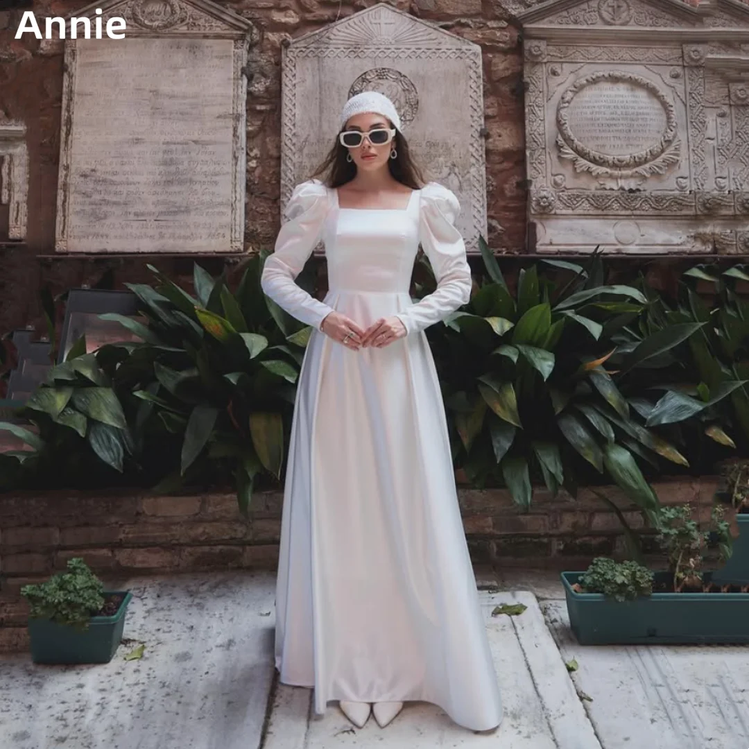 

Annie Satin Puff Long Sleeves Prom Dresses Sweetheart White Evening Dresses A-shaped Formal Vestidos De Fiesta Customized