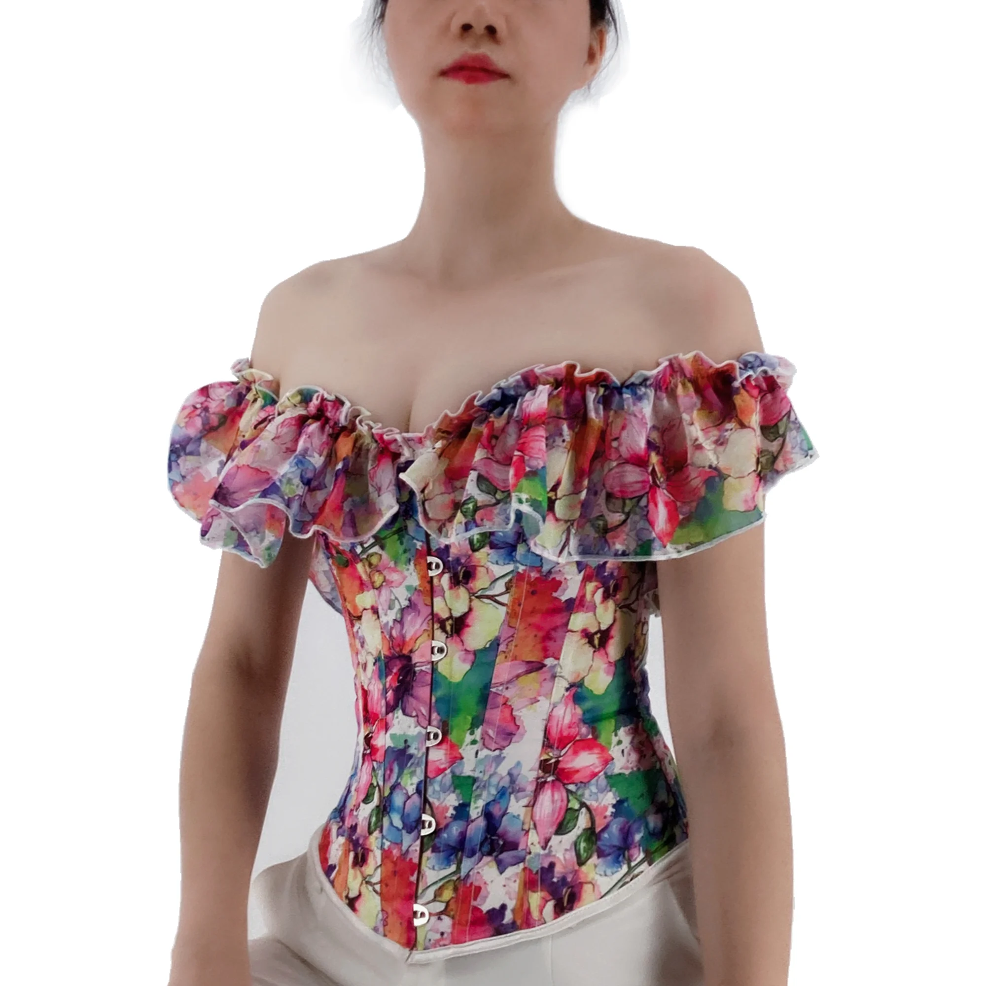 Sexy Corset Blouse Off Shoulder Short Sleeve French Style Printed Bustiers Corsets Top Overbust Corselet Slimming Waist Belt Lac