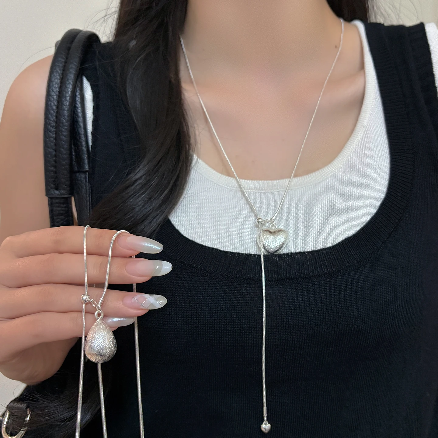 colar-feminino-de-coracao-prateado-escovado-em-formato-de-gota-corrente-longa-para-sueter-design-simples-acessorio-de-moda