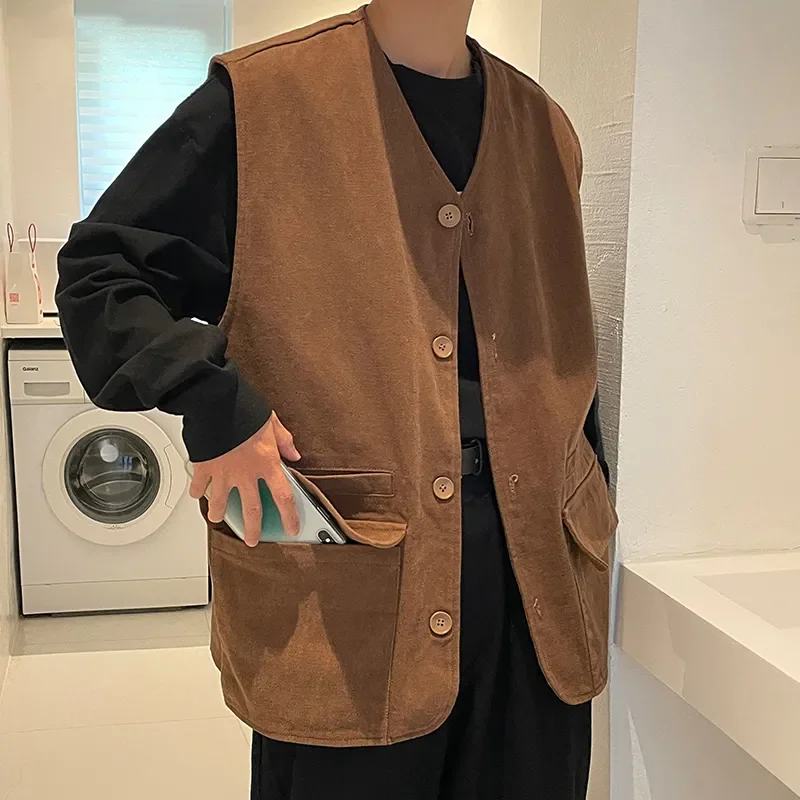 Men's Sleeveless Vest Trendy Cardigan Jacket Hong Kong Style Retro Vest Versatile Solid Color Vest