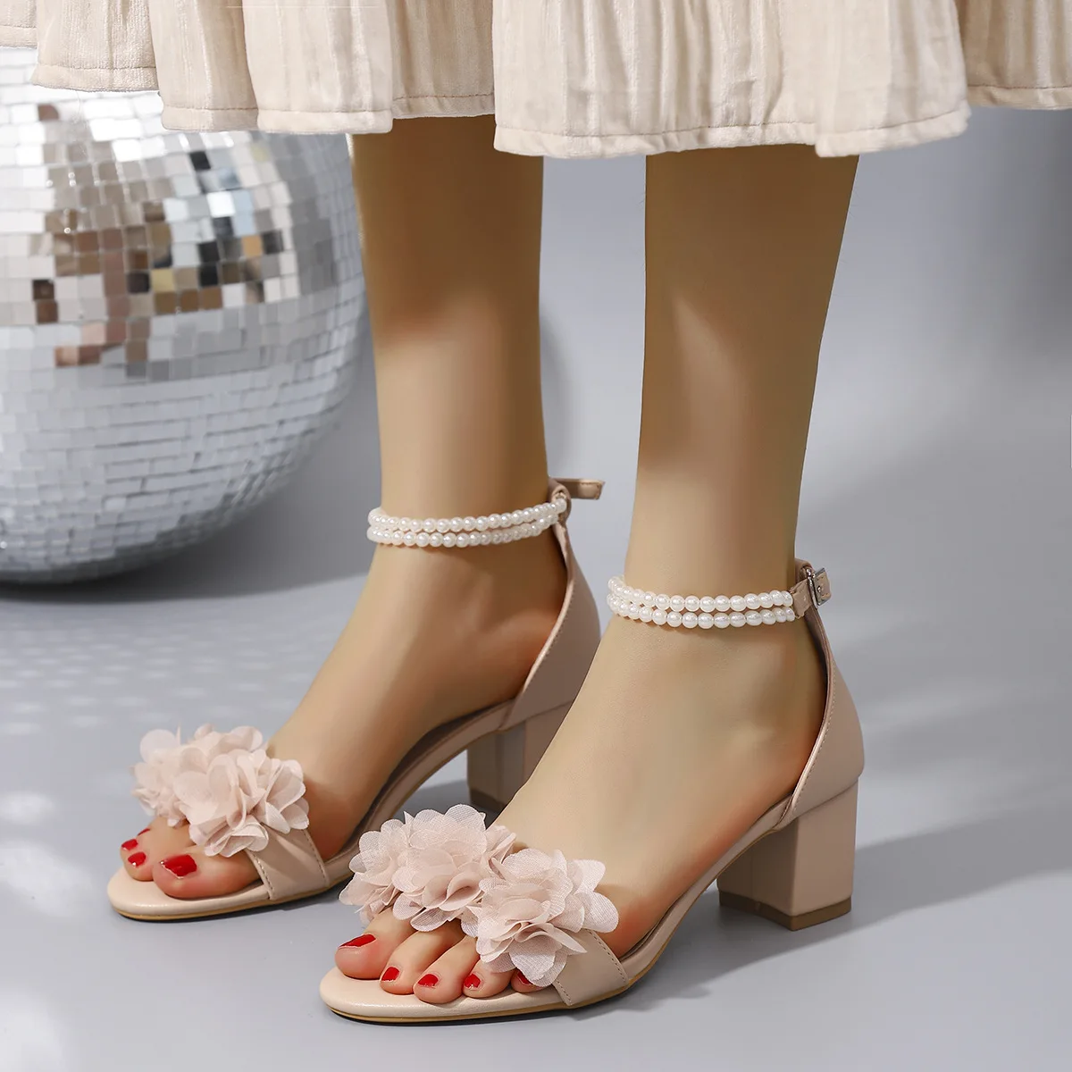 

Pearl High Heels for Women Mid Block Ankle Strap Ladies Heeled Sandals Round Open Toe Party Evening Bridal Shoes for Wedding