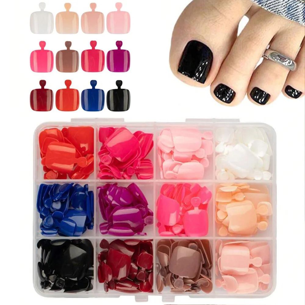 288 قطعة مربعة قصيرة اضغط على أظافر القدم-12 لونًا لامعًا لون نقي غطاء كامل أظافر نصائح لتزيين الملابس اليومية النسائية