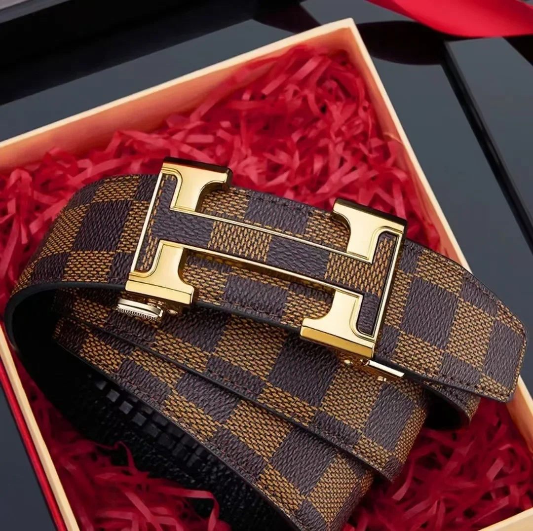 ‌ حزام جلد بنمط مربعات ممتاز للرجال - إبزيم تلقائي، حزام كاجوال وعصري للأعمال، جلد البقر الأصلي، هدية أنيقة