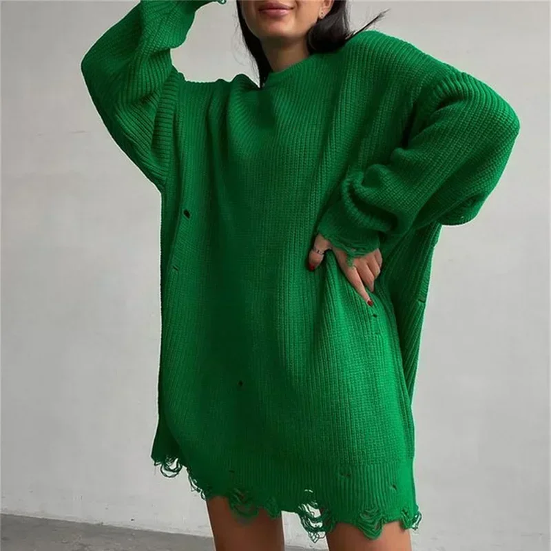 Sweater Rajutan Wanita Lubang Sobek Streetwear Musim Gugur Musim Dingin Sweater Estetika Longgar Warna Polos Lengan Panjang Wanita Y2k