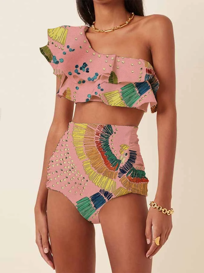 

Women's Swimwear One-Shoulder Bikini Set Two Piece Swimsuit Embroidered Printed Biquini Ruffled Beachwear Sexy Bathing Suit