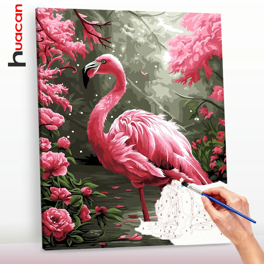 Huacan DIY Malen nach Zahlen, Flamingo-Ölgemälde nach Zahlen, handgemaltes Tierbild auf Leinwand, Dekoration für Zuhause ﻿ ﻿ ﻿