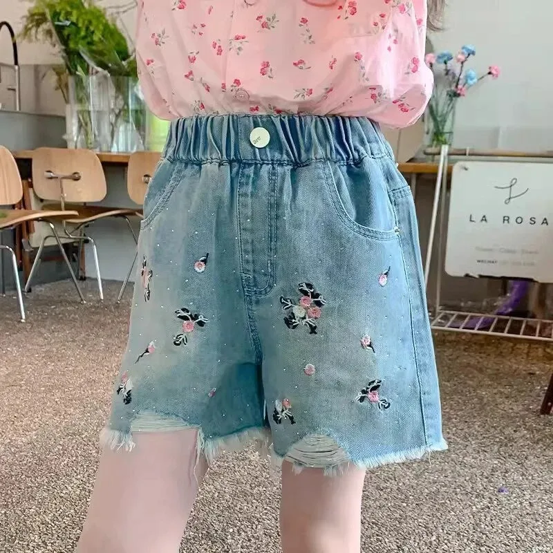 Girls Denim Shorts Teenage Girl Summer Lace Pants Kids Bow Clothes Children Flowers Embroidery Jean Short For Teenager