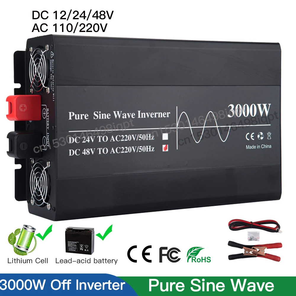 3000W Off Grid Tie Inverter Pure Sine Wave Solar Wind Car Converter 6000W Surge Power 12V 24V 48V Lifepo4 Lithium GEL Battery