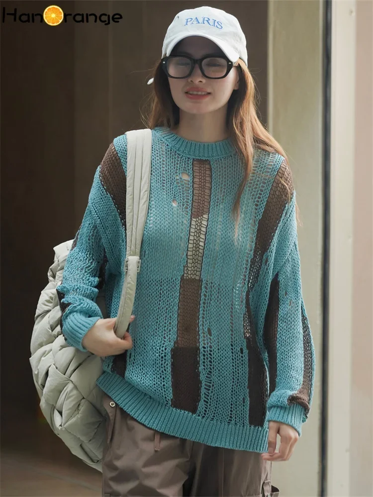 

HanOrange 2024 Spring Slouchy Hollow Patchwork Sweater Loose Lightweight Fluffy Knitted Top Female Blue Coffee/khaki White