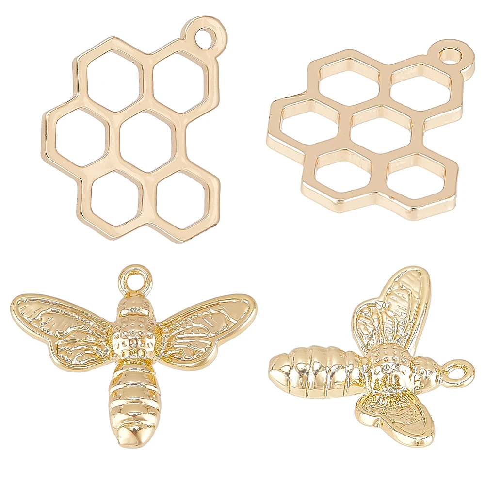 12PCS 18K Gold Plated Bee Charms Pendant 2 Styles Bee Honeycomb Charms for Earrings Bracelet Necklace Jewelry Making Crafts