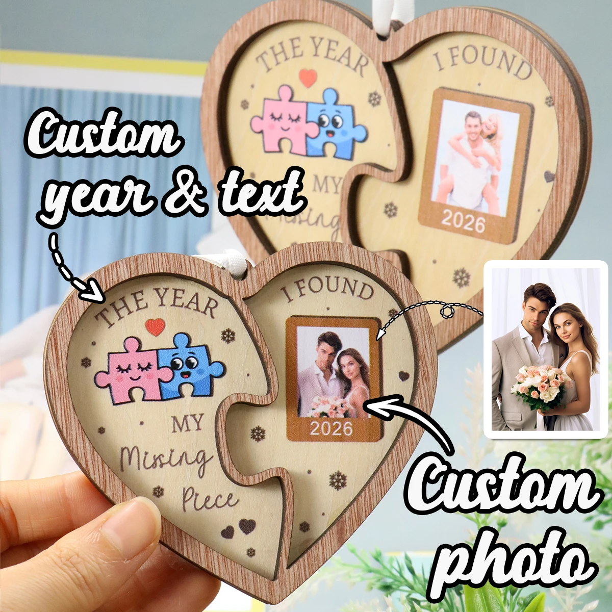 Personalisiertes Valentinstagsgeschenk, individuelles Foto-Herz-Ornament, individuelles Herz-Puzzle-Ornament mit Text, Jahrestag