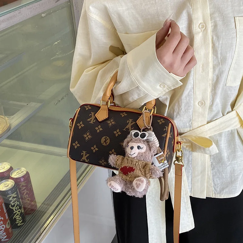 Women Mini Vintage Monogram Boston Handbag, Retro Printed PU Leather Top Handle Purse with Cute Plush Bear Charm, Detachable Adj