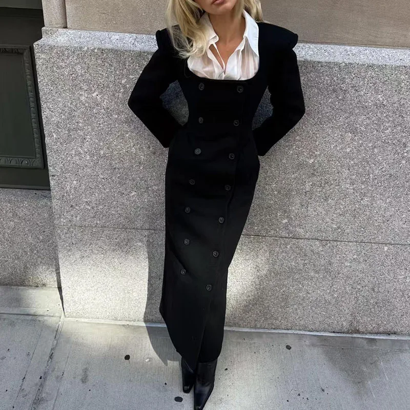 French square neck double-breasted wool woolen coat, new autumn and winter style waist-cinching and slimming long dress
