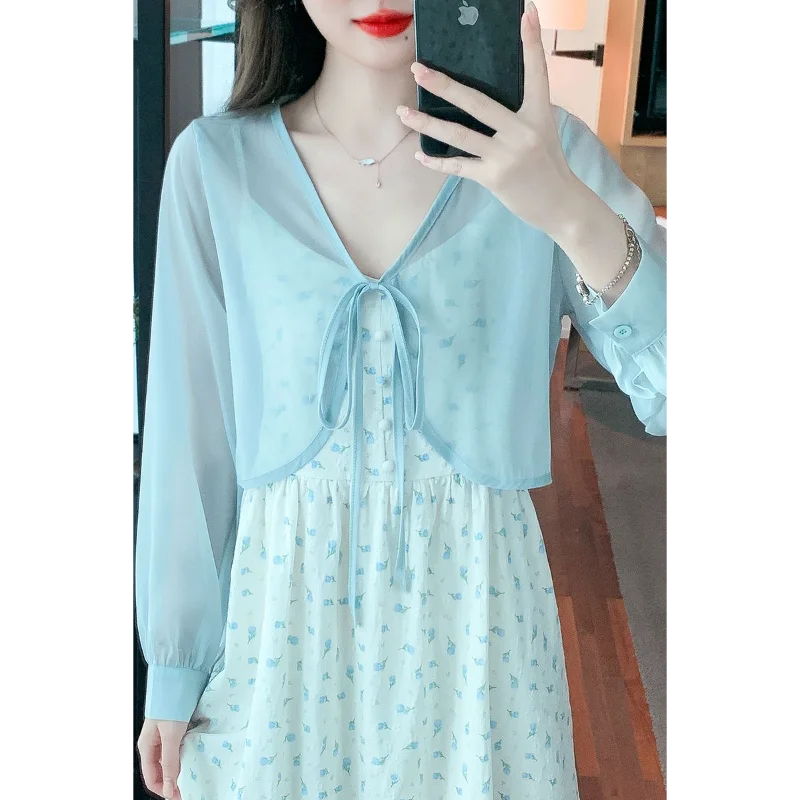 

Women's Short Chiffon Sun Protection Cardigan Sheer Tie Front Cover Up