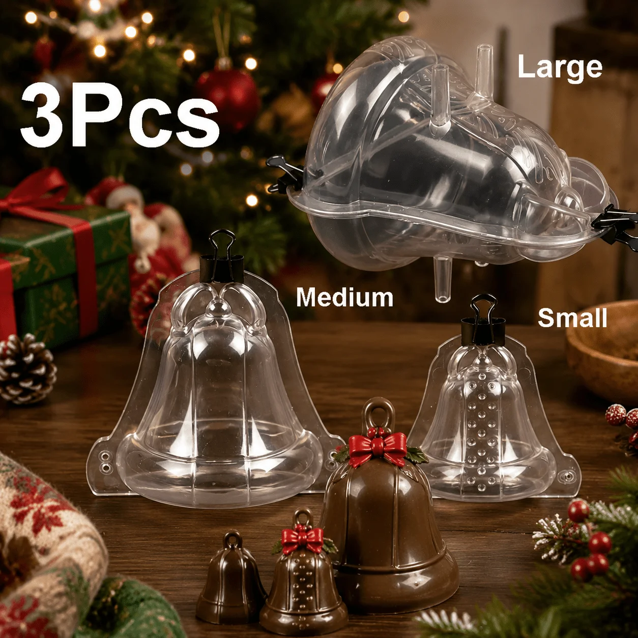3Pcs Christmas Bell Chocolate Mold Set, Clear Hollow Bell Molds with Clips, Handmade Candy Cake Decor Baking Tool for Xmas Party