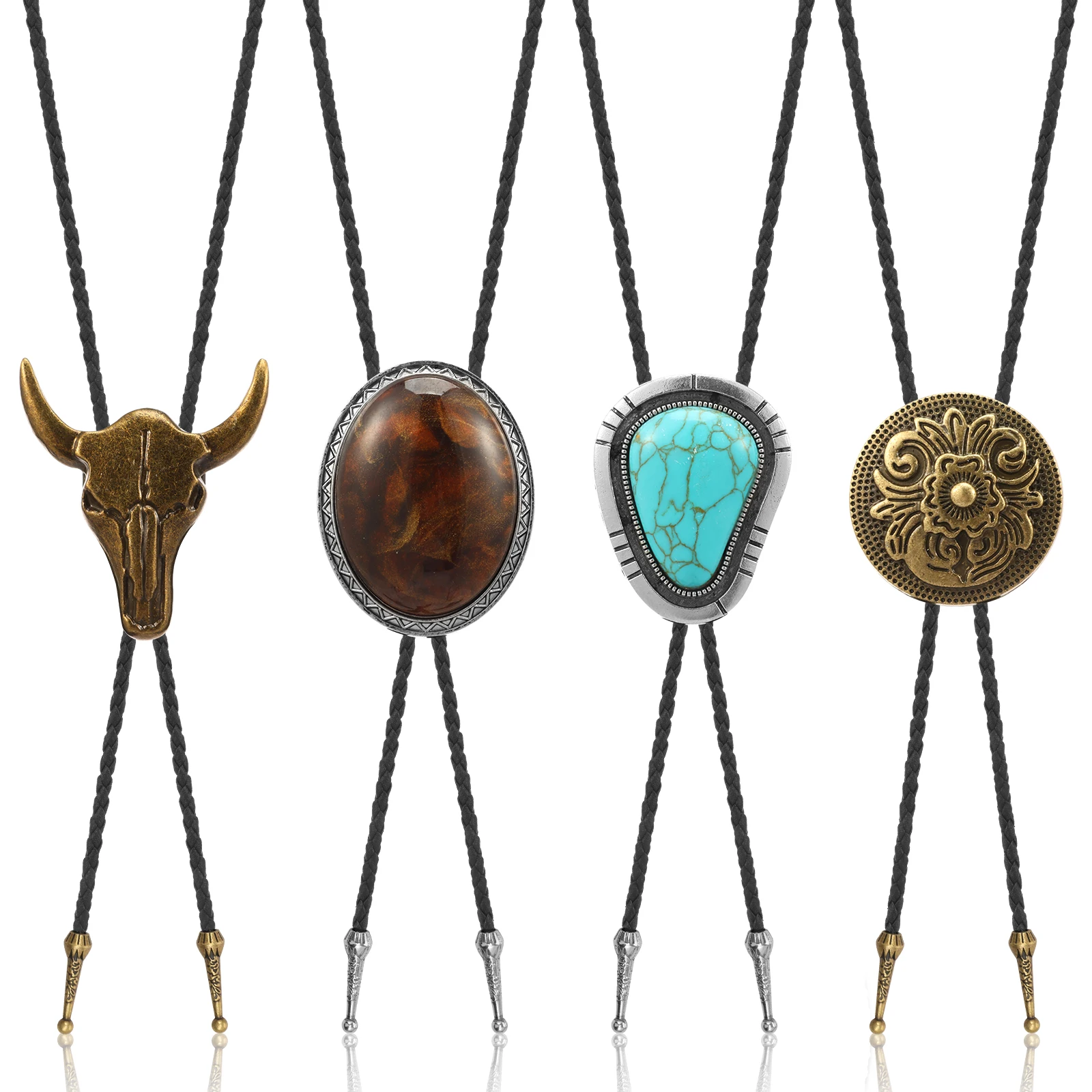 4/6Pcs Men Cowboy Garment Accessory Tie Adjustable Bull Head Western Cowboy Bolo Tie Pendant Necklace Vintage Artistic Bolo Tie