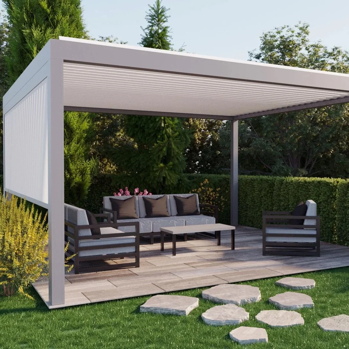 gh-Premium Waterproof Outdoor Aluminum Pergola With Adjustable Louvered Roof And Motorized Smart Control System
