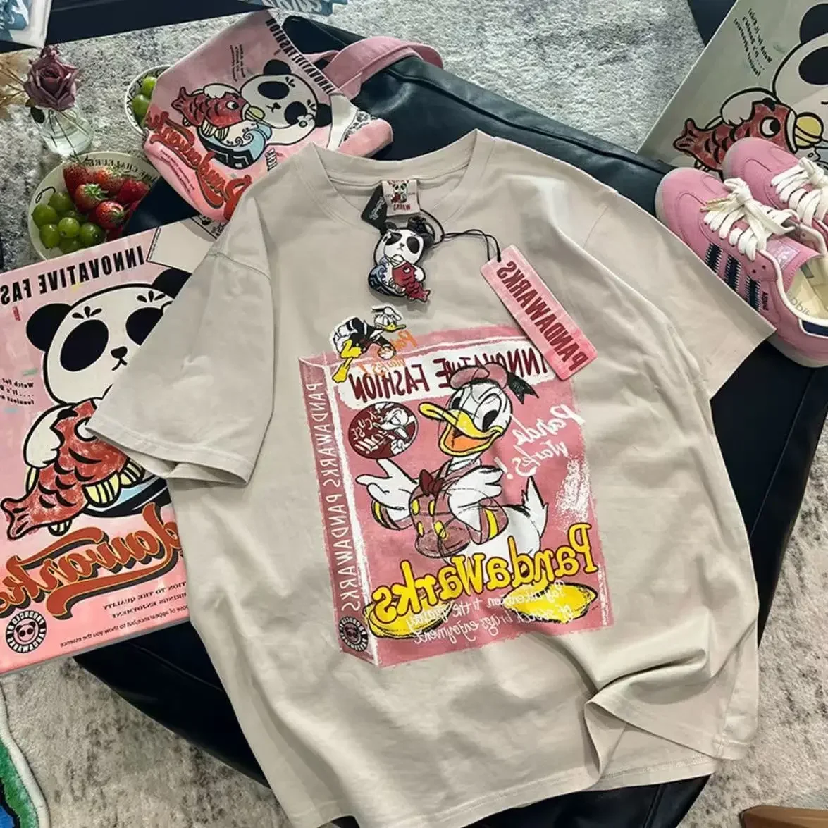 男性と女性のためのドナルドダック半袖ラウンドネックTシャツ,男の子と女の子のためのカジュアルなストリートウェア,夏