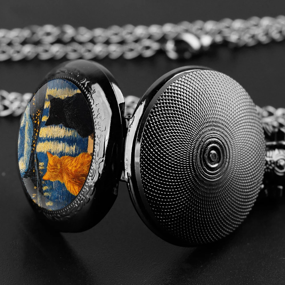 Vintage Quartz Pocket Watch Starry Sky Cat Design Clock Chain Jewelry Pendant Clock Birthday Gift for Women Men Pocket Watches