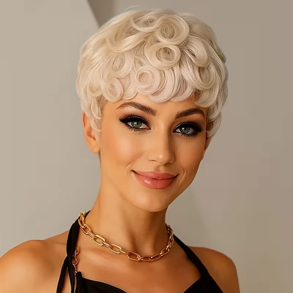 Loira pixie corte peruca curto ovo encaracolado perucas 100% perucas de cabelo humano com franja pré arrancada para mulheres cabelo bazilian máquina feita boné
