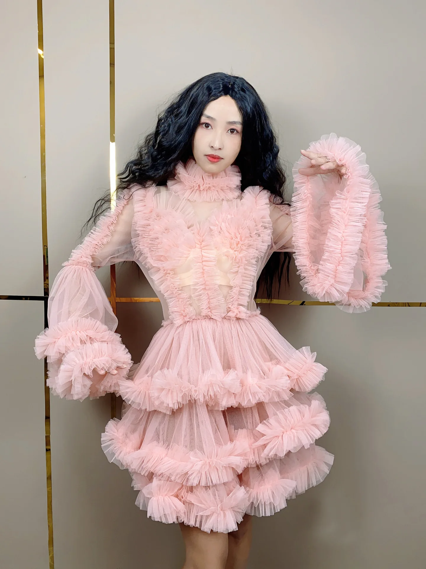 Mesh Bubble Sleeves Girl Heart Tutu Skirt Waist High Neck Long Sleeves Birthday Party Stage Host Evening Dress Prom Dress Luxury
