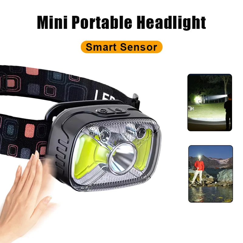 

COB светодиодный налобный фонарь, индукционный налобный фонарь, встроенный аккумулятор, USB перезаряжаемый налобный фонарь, портативный фонарь для кемпинга, рыбалки