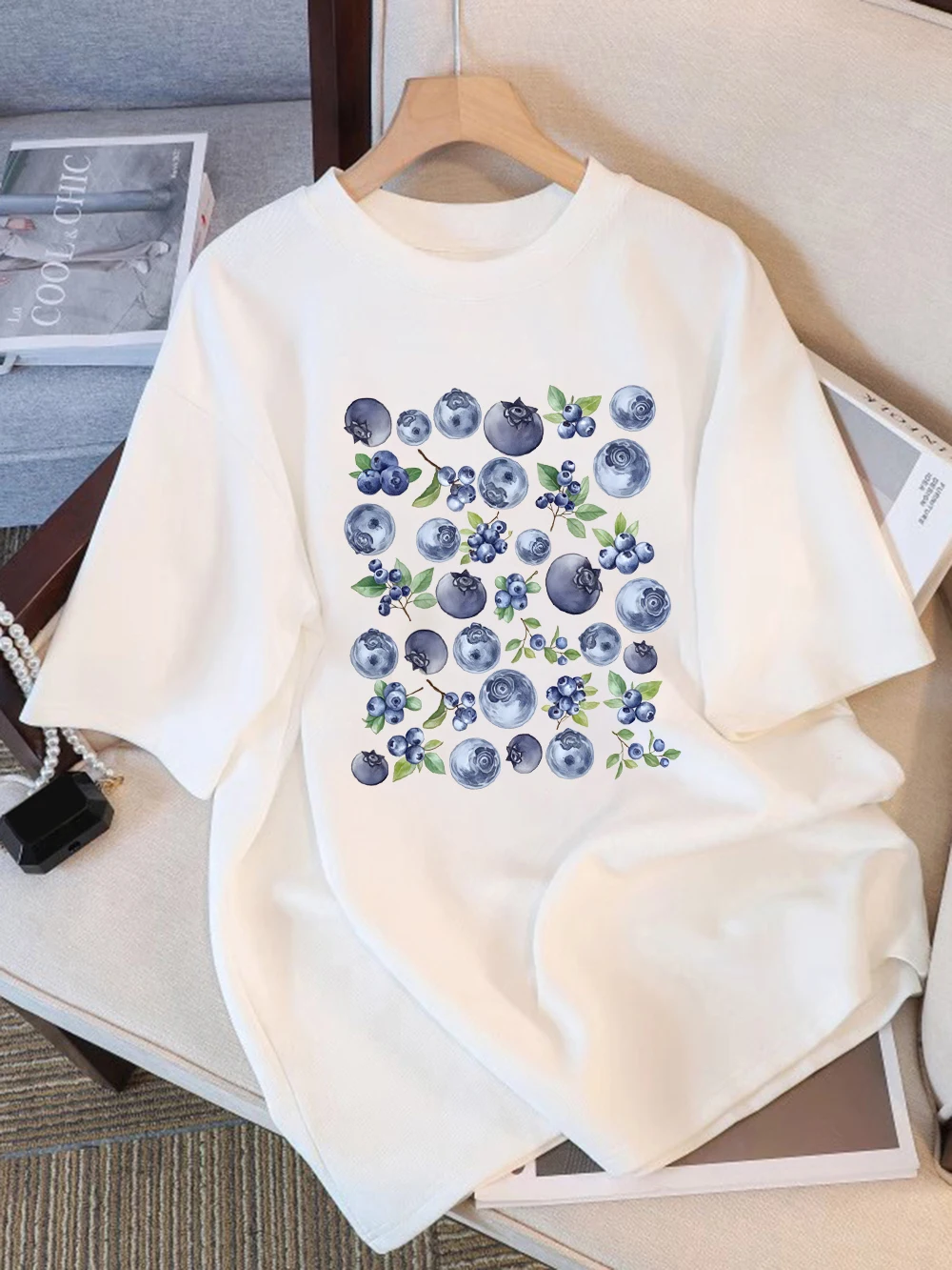 100% Cotton Summer T-Shirts Womens Fresh Blueberry Fruits Printing Tops Soft Loose O-Neck T Shirt Holiday Casual Womans Clothes