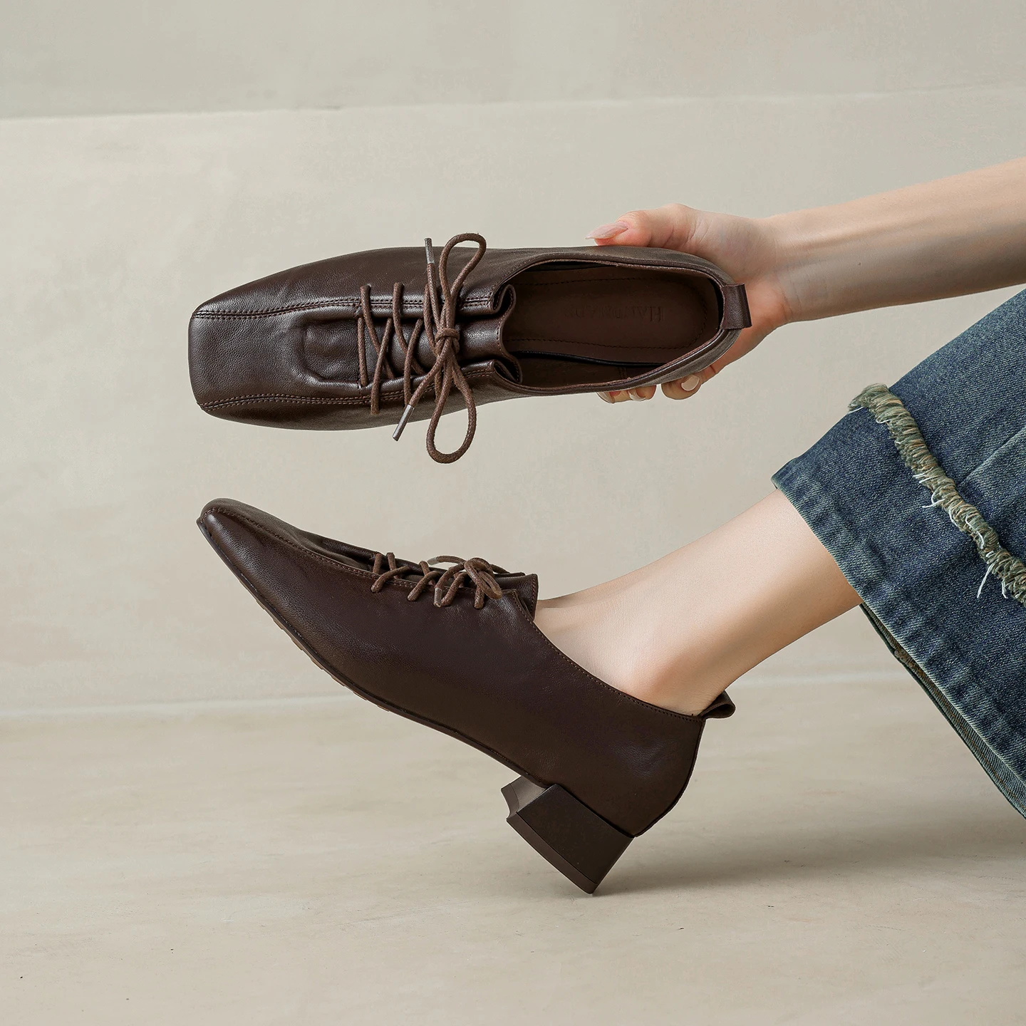 

Genuine Leather Womens Pumps Square Toe Middle Heels Office Ladies High Heels Female Lace Up Casual Footwear shoes for woman