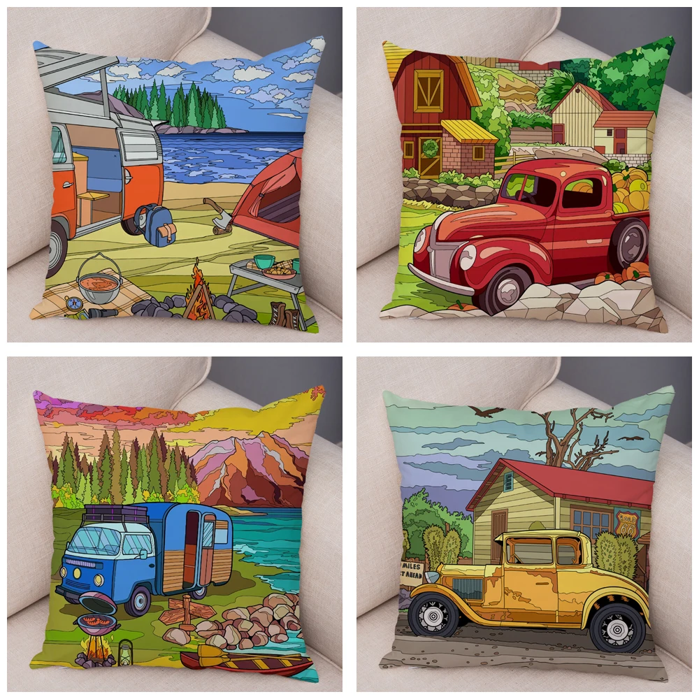 Pillowcase Happy Camper Cartoon House Travel Car Cushion Cover Sofa Home Super Soft