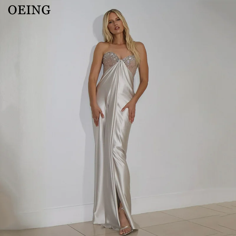 

OEING Sexy Silver Mermaid Prom Dress Silky Sweetheart Sleeveless Illusion Beading Side Slit Party Dress vestidos Customized