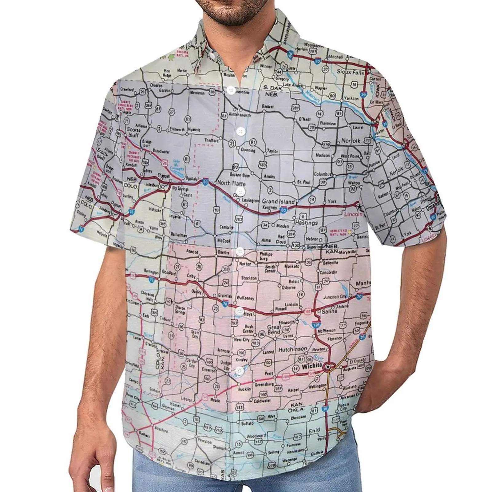 

USA Midwest Map Blouses Man Retro Print Casual Shirts Summer Short Sleeve Pattern Aesthetic Oversized Beach Shirt Birthday Gift