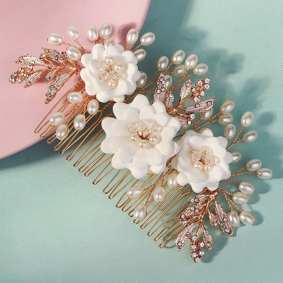 Elegante weiße Polymer Clay Blumen Damen Haarkämme Mode Kristall Perle Haarnadeln Braut Hochzeit Kopfschmuck Schmuck – Detail 23