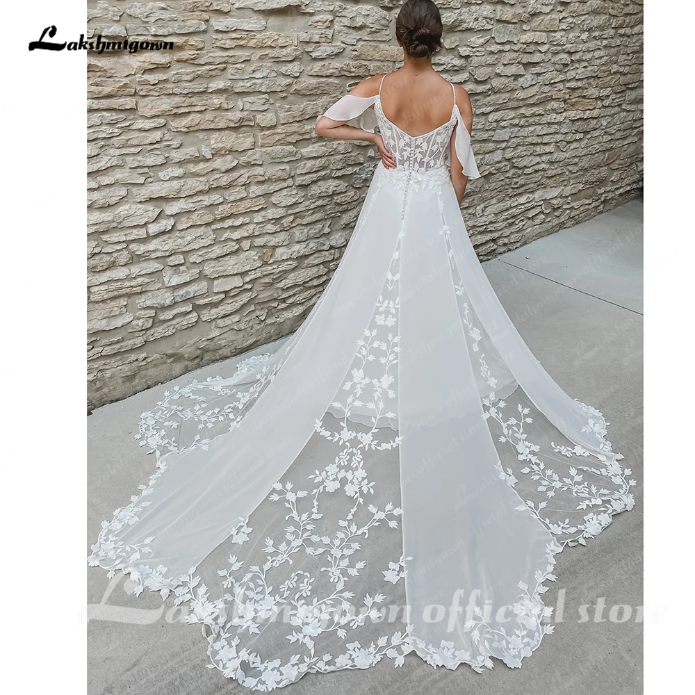 Lakshmigown Spitzen-Chiffon-Brautkleid mit offenem Rücken und V-Ausschnitt für die Braut, maßgeschneidertes Damen-Brautkleid mit Hofschleppe, vestidos de novia par – Detail 10