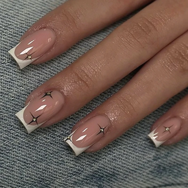 

Shiny Rhinestone Black Stars White French Wearable Nail Art Fashion False Nails Detachable Finished Fake Nails Press on Nails