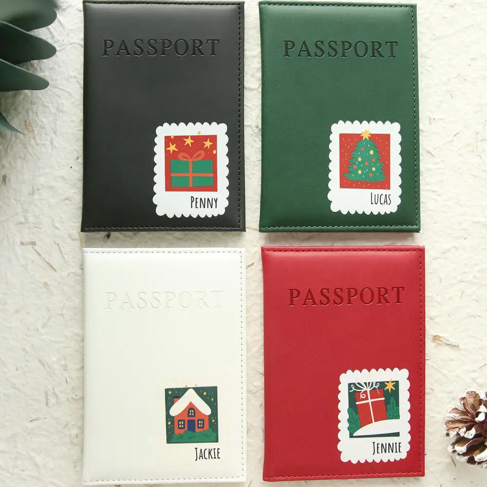 Custom Name Christmas Passport Cover Pu Leather Personalized Passport Holder Xmas Holiday Travel Document Protector Custom Gift