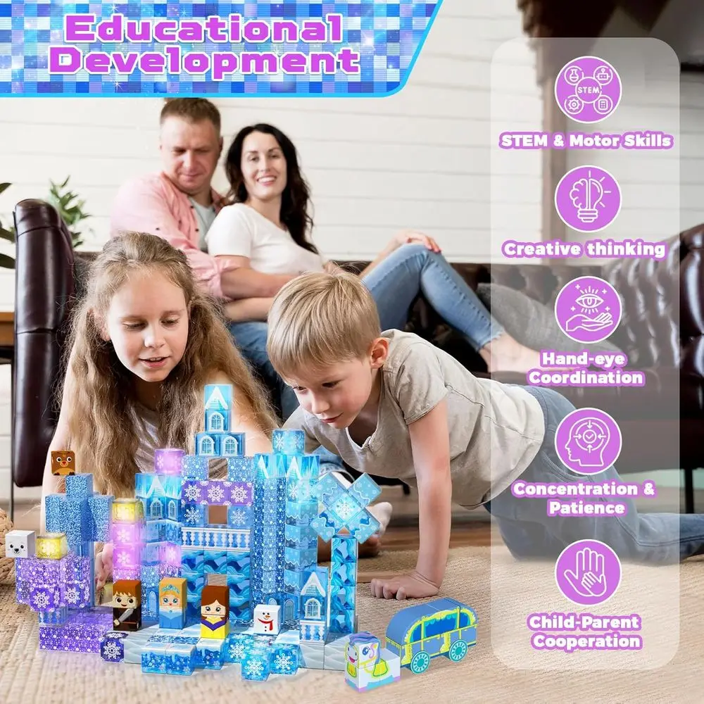 Illuminated Magnetic Building Blocks Set - 200 Pieces, Transparent for Kids 3+, Blue Castle Theme, Ideal Gift for Ages 4-12