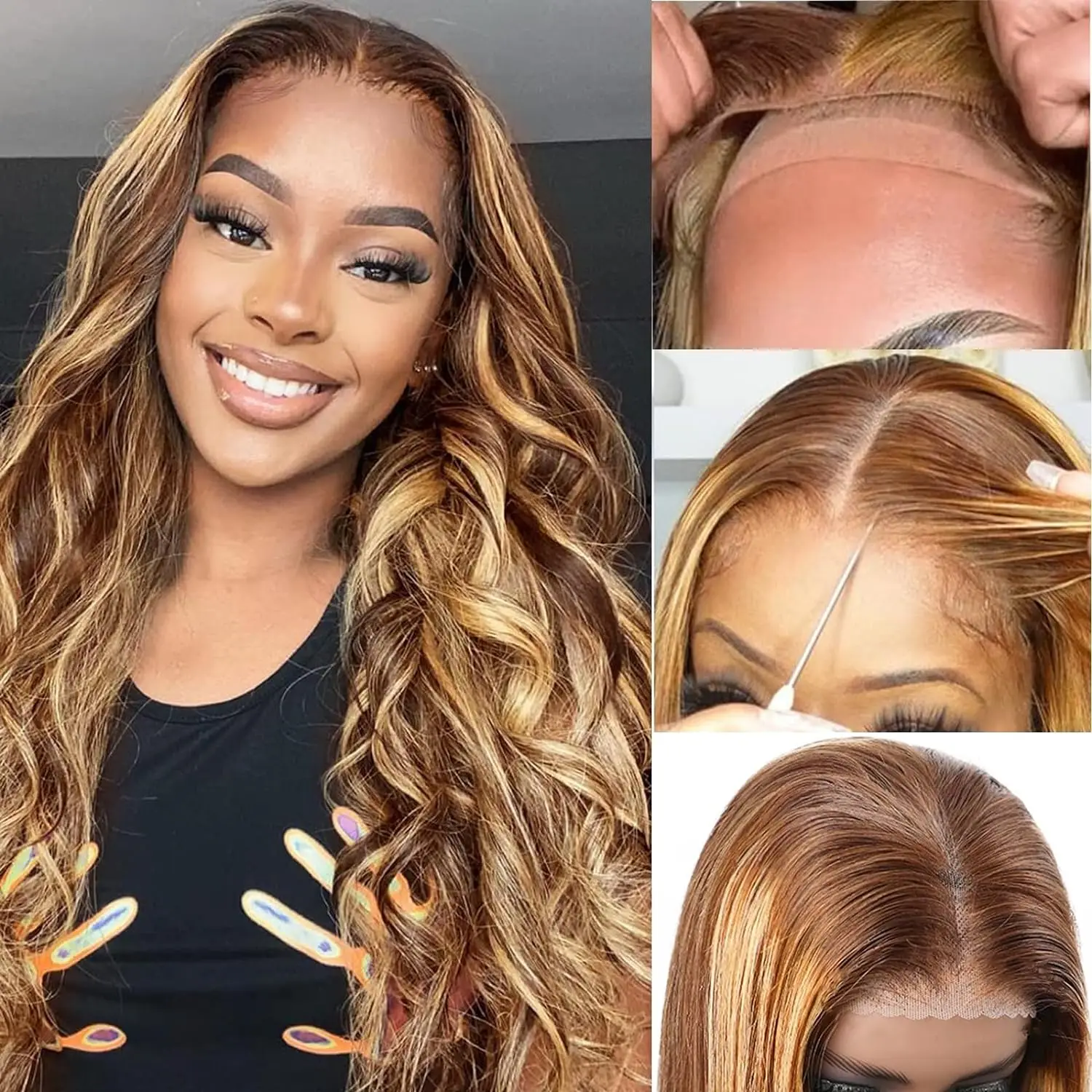 5X5 lace Highlight Body Wave Lace Front Wig For Women Remy P4/27 Ombre Human Hair Lace Frontal Human Hair Wigs Choice Glue
