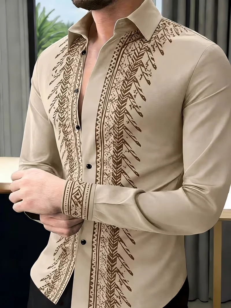 New black background art floral plant print men's long sleeved shirt retro vacation style lapel slim casual shirt