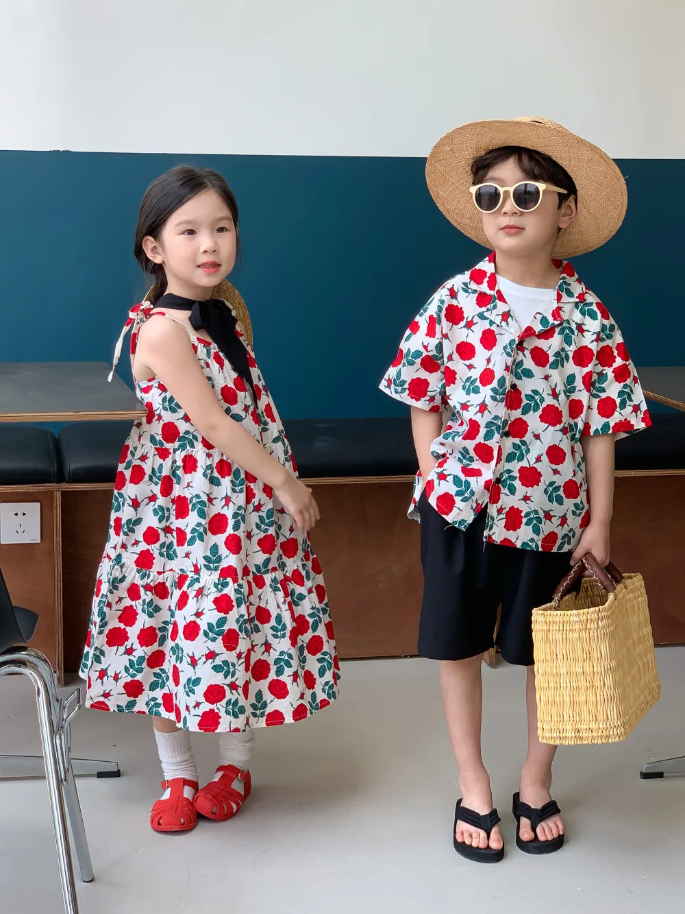 2024 Summer New Children Brother Sister Matching Clothes Fashion Boys Lapel Shirt Cute Girls Floral Sling Dress Sibling Outfits