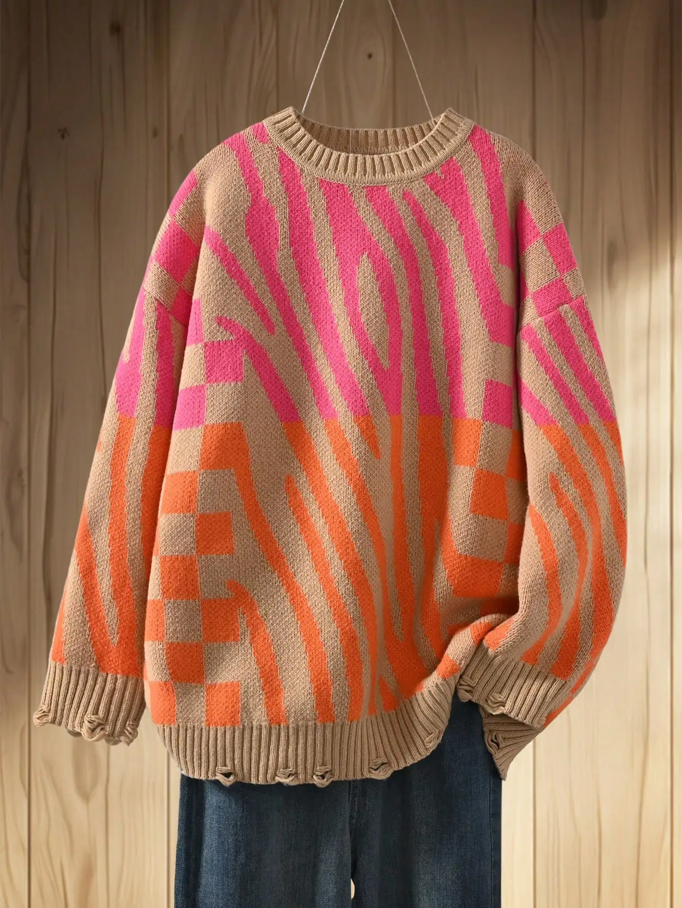 Plus Size Women Geometric Line Crew Neck Knit Sweater, Warm Pullover Knit Top for Autumn Winter