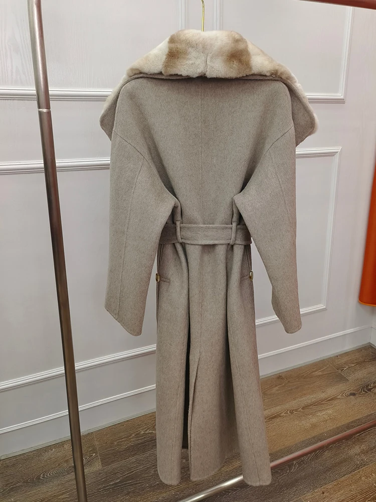 Manteau d'hiver en fourrure véritable pour femme, veste à col en fourrure de lapin Rex naturel, veste longue en laine de cachemire, optique de luxe pour femme