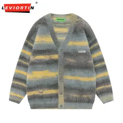 Hip Hop Striped Plush Thickened Men's Cardigan V-neck Fashionable Casual Loose Sweater Couple Streetwear Loose Knit