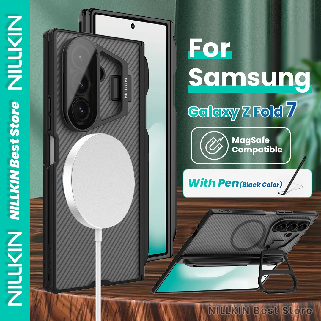 

Чехол Nillkin для Samsung Galaxy Z Fold 7, чехол для телефона Magsafe, прозрачная крышка для объектива, подставка, защита шарнира с S-ручкой, полупрозрачная задняя крышка