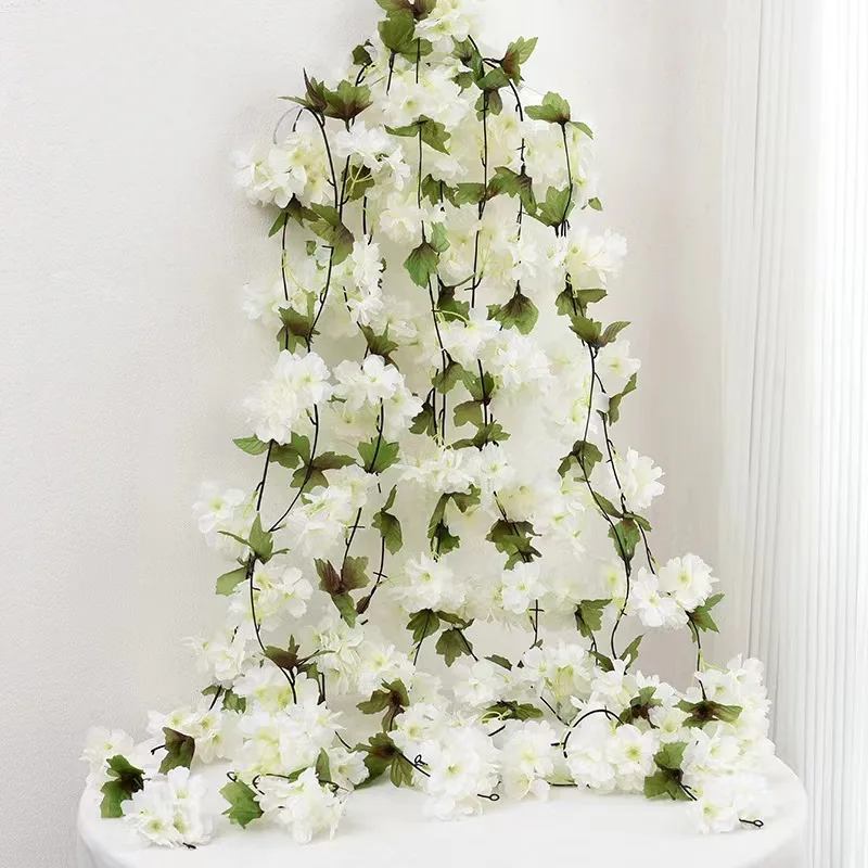 2.2m Artificial Flower String with Leaves Silk Cherry Blossom Rose Ivy Vines Living Room Garden Wedding Garland Arch Decoration